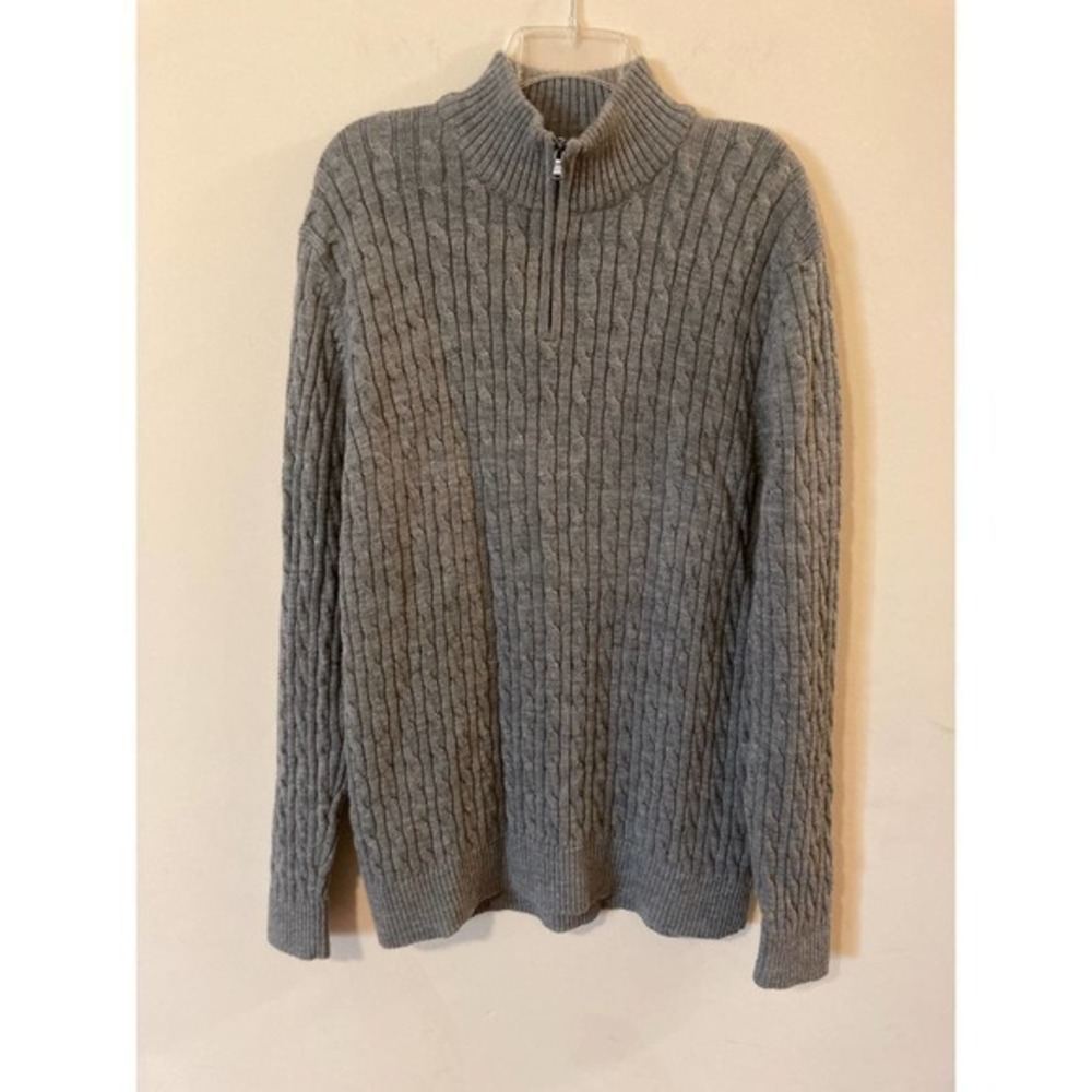 Men’s Lands’ End XL Gray Wool‎ Sweater 1/4 Zip Cableknit